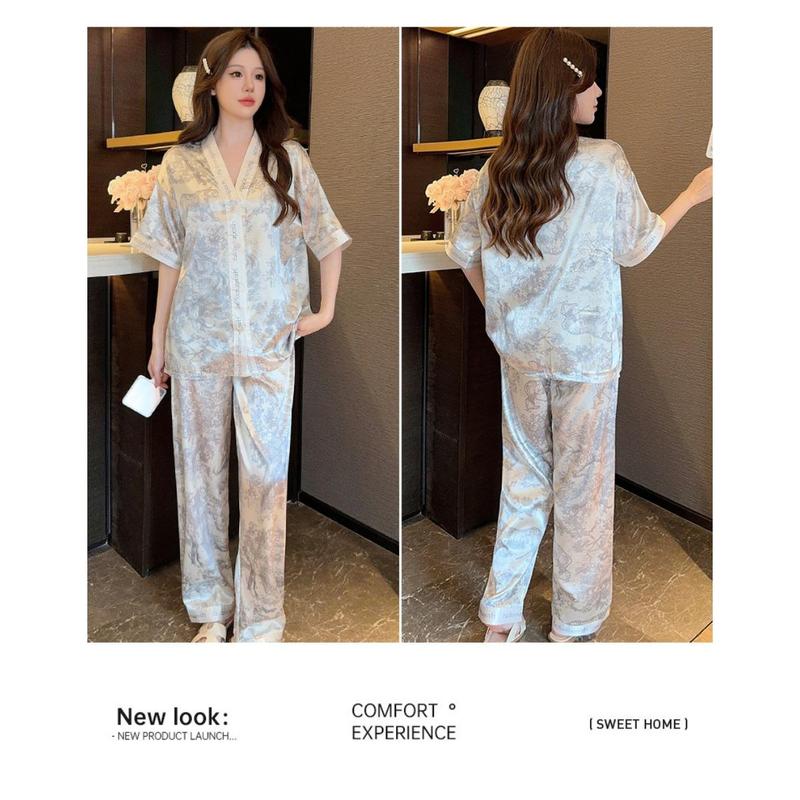 Bộ Đồ Ngủ Pijama Cao Cấp, Phong Cách Pháp, Quần Dài Ngắn Tay, Chất Liệu Lụa Lạnh Dành Cho Nữ, Thích Hợp Mặc Nhà, [Thanh Toán Khi Nhận Hàng] 3