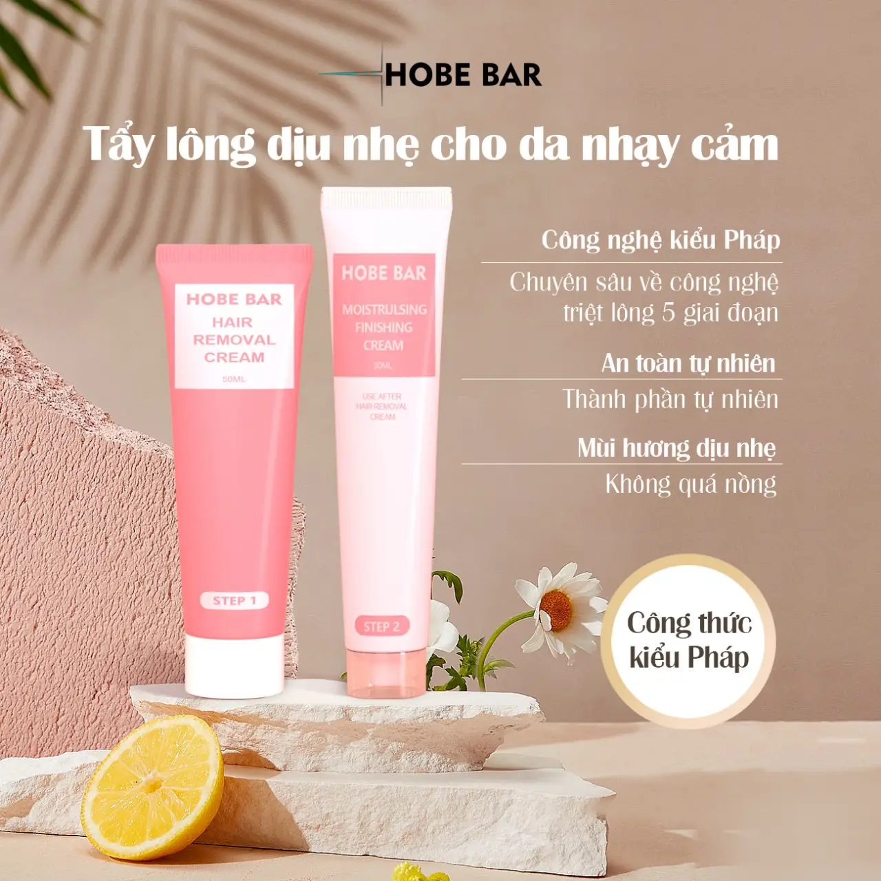 Kem Tẩy Lông Dịu Nhẹ Chiết Xuất Thực Vật Hobe Bar Dành Cho Cả Nam Và Nữ (Kem Tẩy Lông 50Ml + Gel Dưỡng Phục Hồi 30Ml)