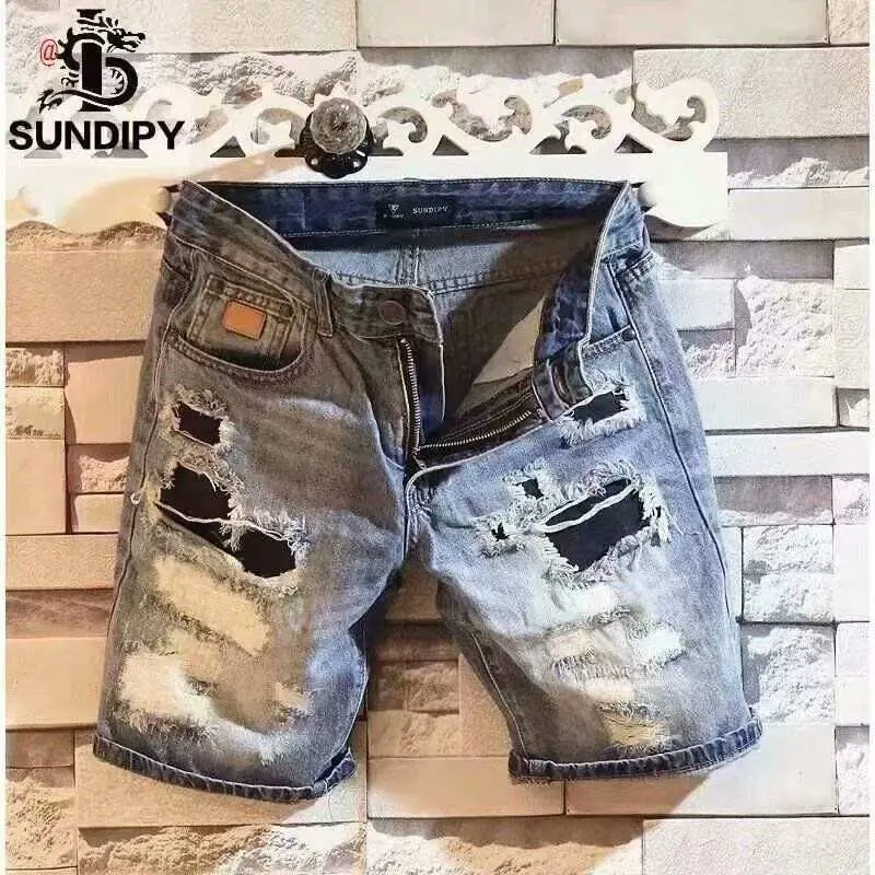 Summer Denim Shorts Men's Ripped Patch Chic Slim-Fit Personality 5-Quarter Pants Trendy Brand Fashion Beach Pants