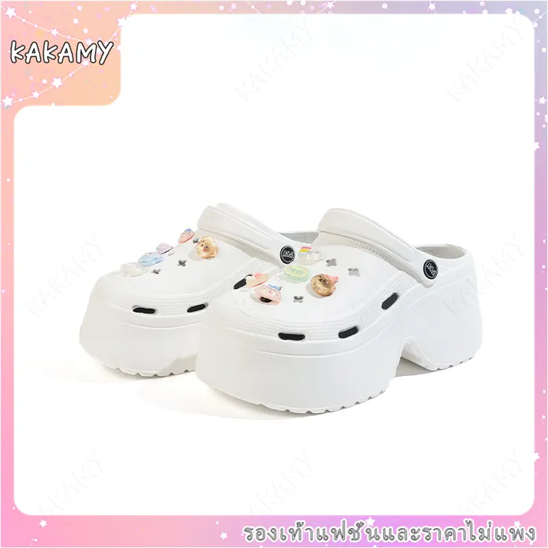 KAKAMY รองเท้าแตะพื้นหนา พร้อมตัวการ์ตูนน่ารัก สำหรับผู้หญิง สวมใส่ในฤดูร้อน รองเท้าเสริมส้น รองเท้าแตะนุ่มสบาย พื้นนุ่มสบาย หนา 9 ซม รองเท้ามีรู.