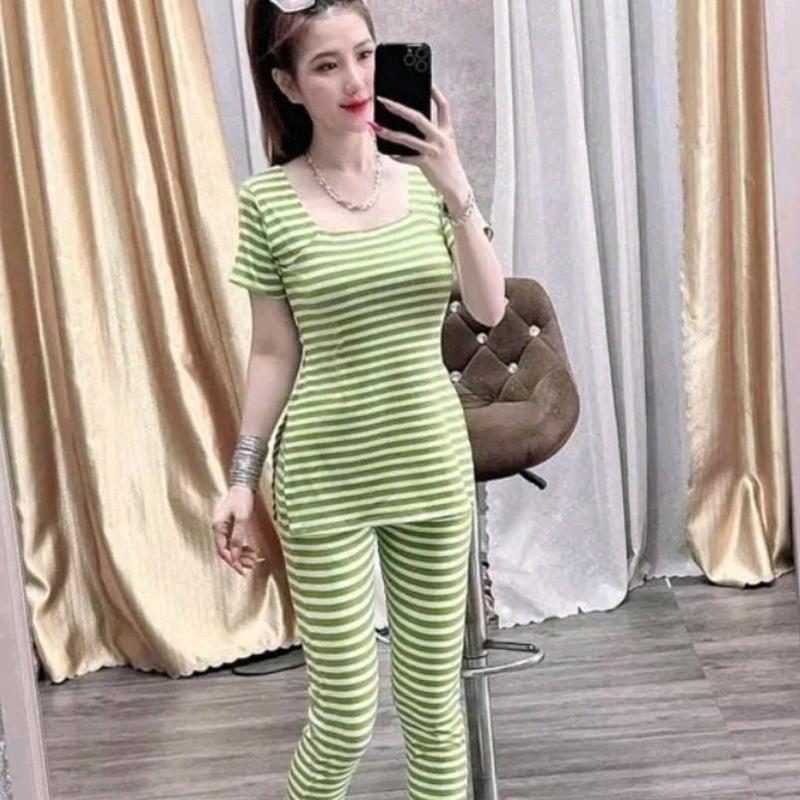 SÉT BỘ GÂN TĂM CỔ VUÔNG ,QUẦN 2 TÚI Áo Top Nữ Women Nhung Ong 2