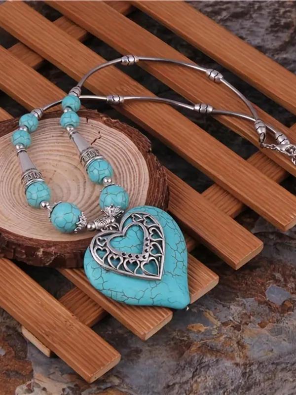 Vintage Boho Style Heart Design Pendant Necklace, Turquoise Texture Decorative Jewelry for Women & Men for Party, Daily Clothing Decor 2