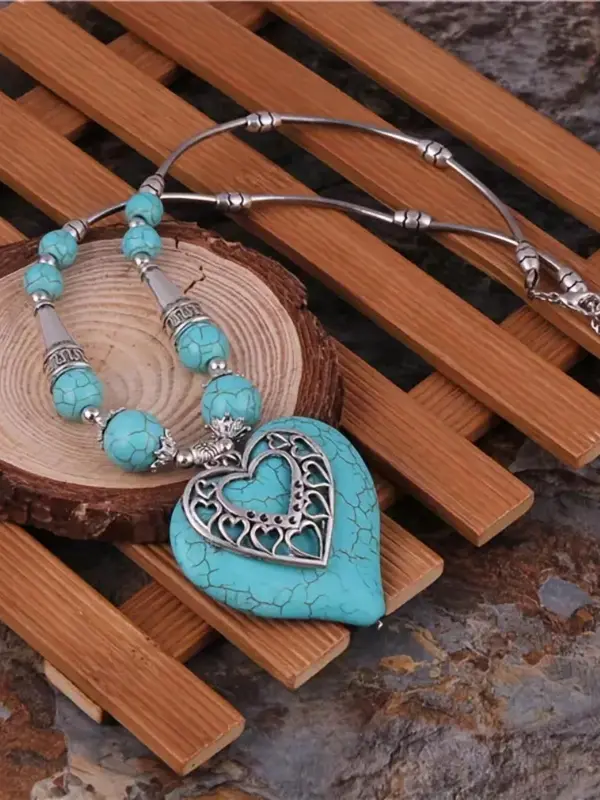 Vintage Boho Style Heart Design Pendant Necklace, Turquoise Texture Decorative Jewelry for Women & Men for Party, Daily Clothing Decor 2