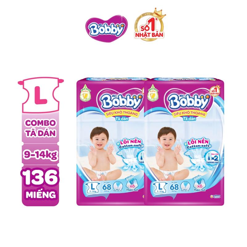 Combo 2 tã dán Bobby S80/M76/L68/XL62/XXL56 mới- Lõi nén cotton-soft 3mm