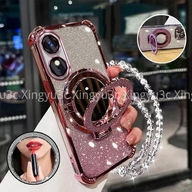 Luxury Sparkling Handphone Case for OPPO A17 A97 5G A38 4G A18 A60 four corners shockproof phone case 3D makeup mirror holder new bracelet soft case 1