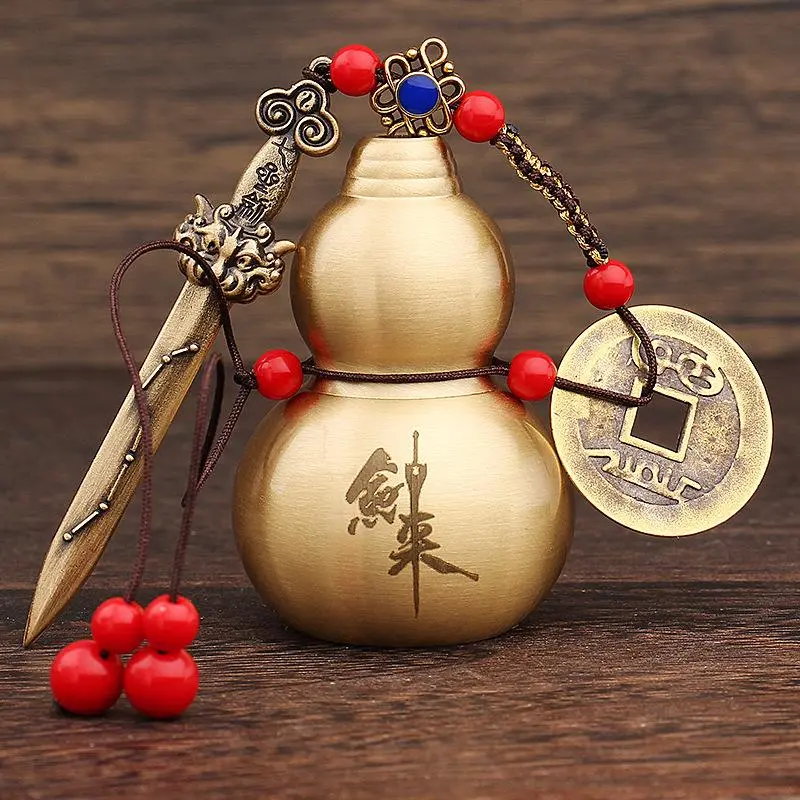Chinese Style Copper Gourd Ornament, Fengshui Ornament with Sword & Coin, Desktop Decoration for Home Office, Home Decor, Room Decor