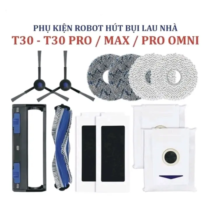 Bộ Phụ kiện Robot lau nhà Ecovacs T30 Pro Omni, N30 ProOmni  gồm: 1 túi rác, 1 chổi ven, 1 cặp giẻ lau, 1 lọc hepa, 1 chổi chính