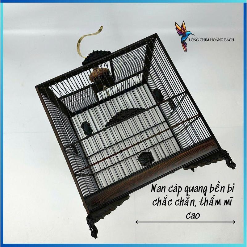 Khung lồng chim chào mào triện lá đề nan cáp quang đen lồng chào mào triện lá đề chất liệu gỗ mun tặng kèm phụ kiện