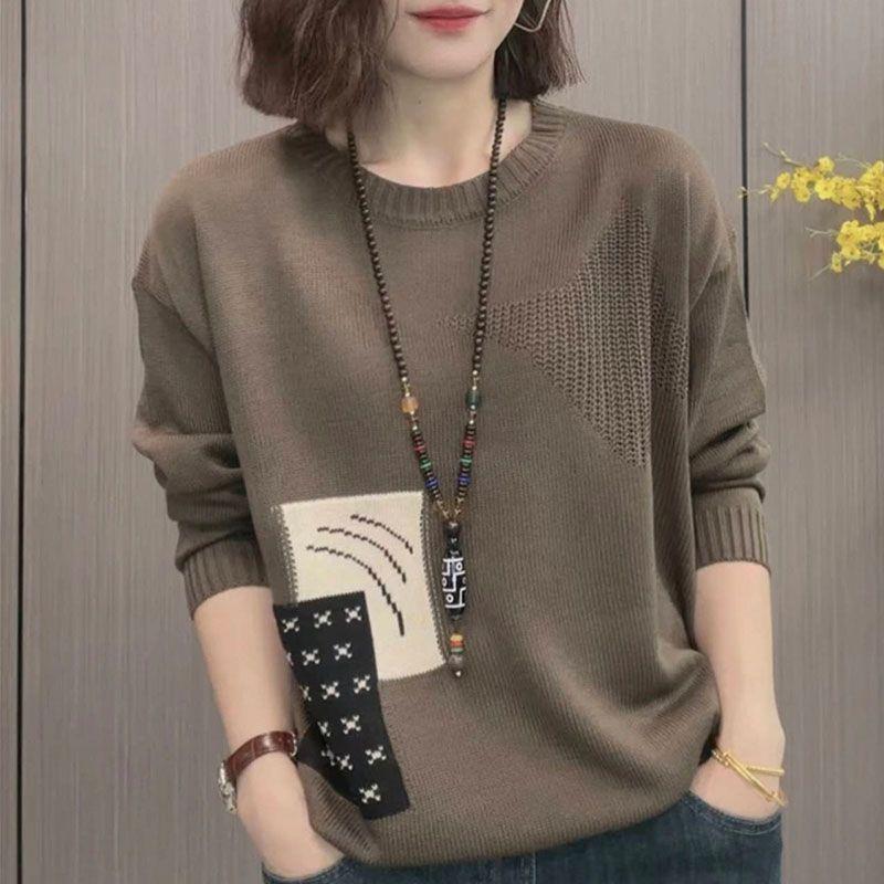 Đồ Len Ngoại Cỡ Hàng Mới Về Mùa Xuân 2024, Cổ Tròn, Màu Tương Phản, Áo Len Cổ Điển Jacquard Nữ Mùa Thu Và Mùa Đông, Áo Bó Sát Dáng Rộng