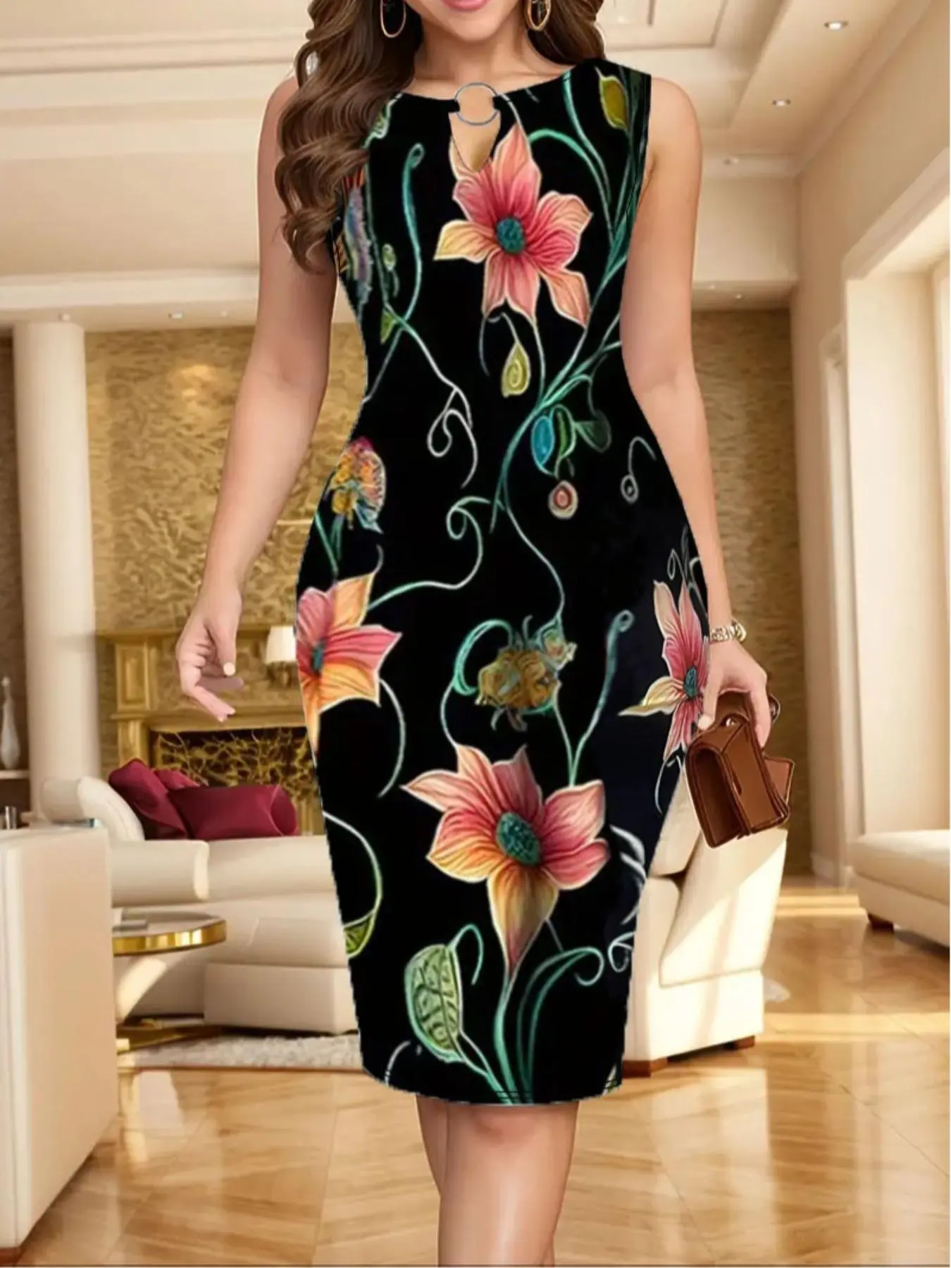 【Plus Size】 All Over Print Round Neck Dress, Elegant Fashion Casual Crew Neck Short Dress for Daily Outdoor Wear, Women Plus Clothing for All Seasons