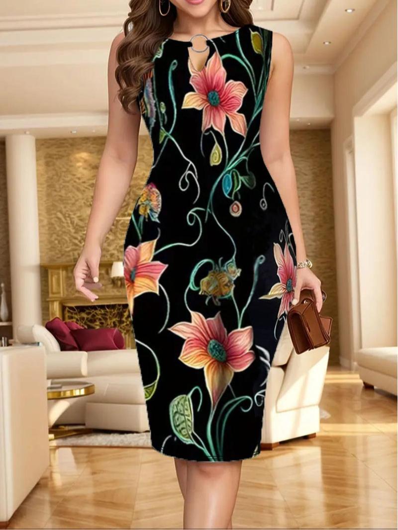 Product Introduction of 【Plus Size】 All Over Print Round Neck Dress, Elegant Fashion Casual Crew Neck Short Dress for Daily Outdoor Wear, Women Plus Clothing for All Seasons 1