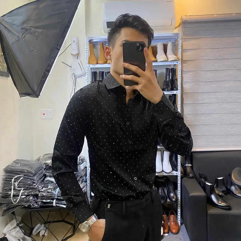 Áo Sơ mi Nam Đính Đá Luxury Vải lụa bóng mềm mịn  Menswear Cổ Tròn Sơ Mi sominam  dep Shirt 5
