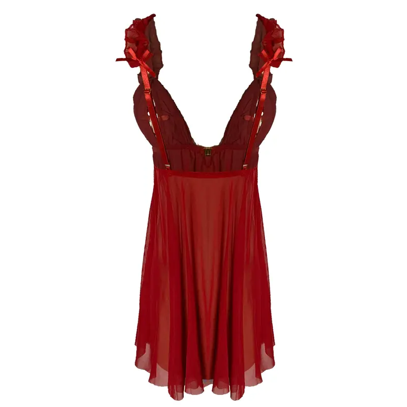 [ RedPink ] Lingerie Dress New Version Dinas Nightwear Transaparan Style Hot Sexy Dewasa Edition Front Open Bra With Pita Beatiful Strap Pundak Renda Mid Back Strech Free G-String Sifon Premium Soft Import Quality XDW 1