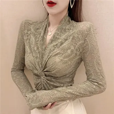 áo ren tiểu thư  Áo Sơ Mi Dài Tay Có Lớp Đế Ren Cho Nữ, Áo Cổ Chữ V Chéo Rỗng Gợi Cảm, Áo Chui Đầu Thời Trang Đơn Giản Và Thường Ngày, Mùa Xuân 2023, Mới