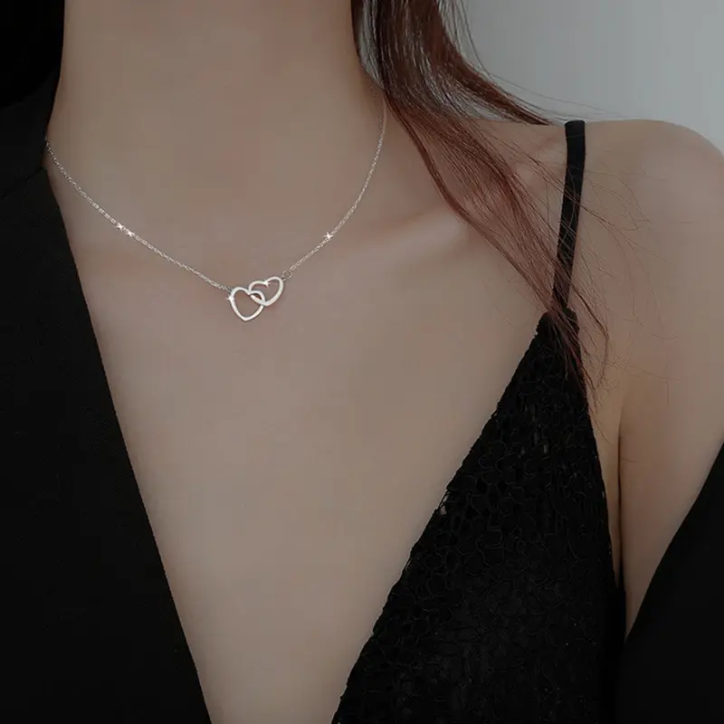 1/2pcs New Silver Double Ring Heart Necklace Female Clavicle Chain Simple Temperament Necklace Wedding Jewelry Accessories Valentine's Day