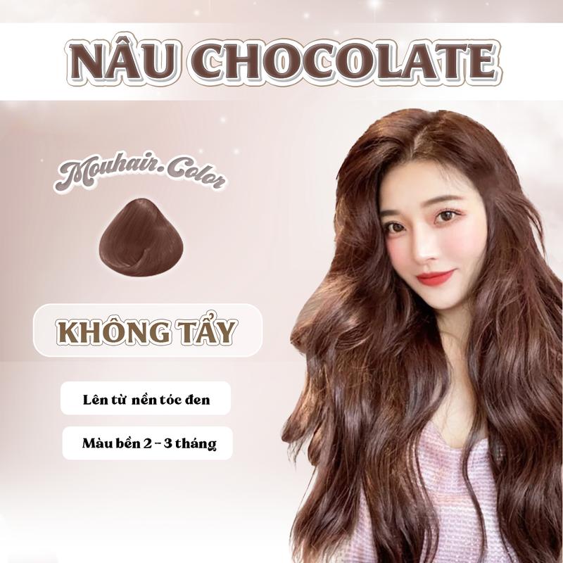 Thuốc nhuộm tóc, Thuốc nhuộm tóc màu NÂU CHOCOLATE, Mouhair, tặng oxi trợ dưỡng,bao tay, mũ trùm, bịt tai. Đổi Màu Tóc Nữ