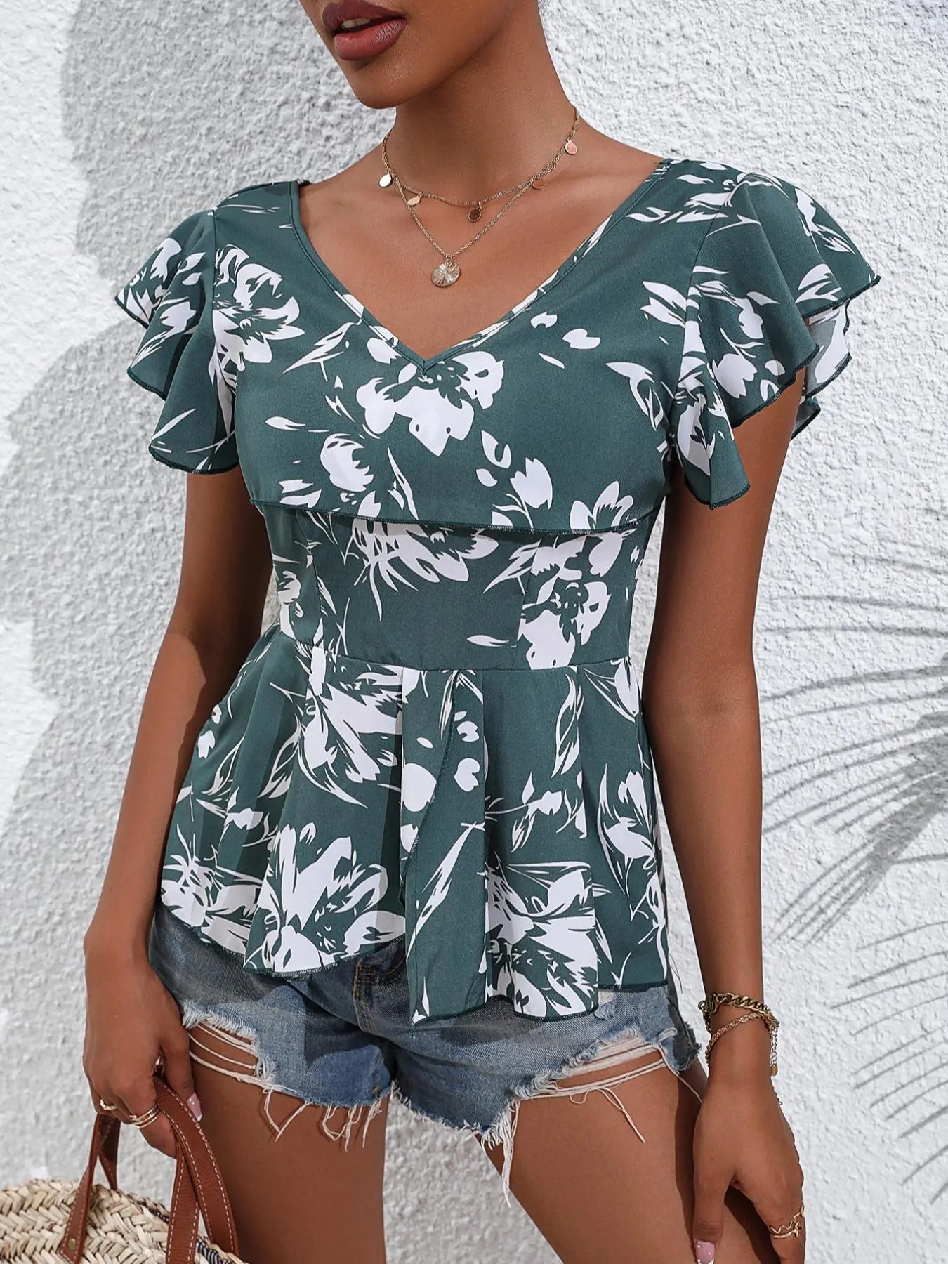 Women's Floral Print V Neck Blouse, Casual Cap Sleeve Top for Summer, Ladies Clothes for Daily Wear