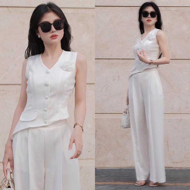 DN25-SÉT ÁO QUẦN GHILE VẠT CHÉO ÁO 2 LỚP QUẦN SUÔNG RỘNG DÀI DÂY KÉO ,PHÙ HỢP TẤT CẢ SỰ KIỆN VÀ CÁC MÙA,PHOM THIẾT KẾ CHUẨN . WONMEN Nhung Kem 3