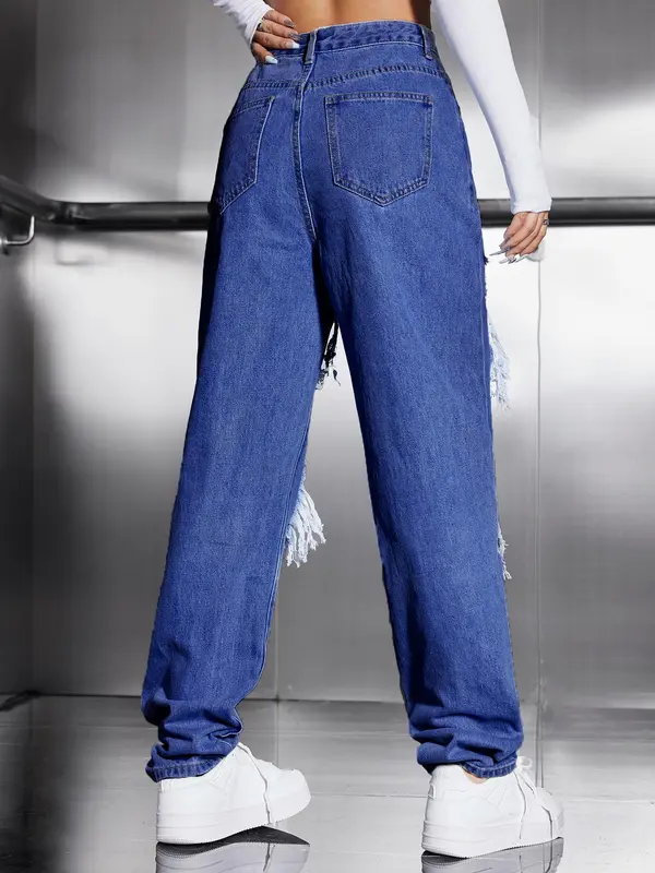 Women's High Waist Ripped Jeans, Fashion Casual Loose Fit Distressed Straight Leg Denim Pants, Destroyed Hole Jeans, Lady Bottoms for Daily Wear Streetwear, Women Jeans, Womenswear, Baggy Jeans 4