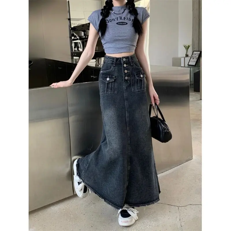 Chân Váy Denim Cạp Cao Ngoại Cỡ, Váy Chữ A Có Sờn Cho Mùa Hè Của Phụ Nữ, Hàng Mới Về Năm 2025