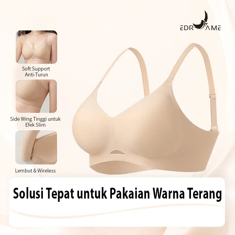 EDRAME Bra tanpa kawat dengan penopang lembut seperti jelly, desain 3D yang adem dan anti gerah. Model U-shape back yang tipis tanpa bekas garis bra, nyaman dipakai sepanjang hari tanpa terasa membebani 8506