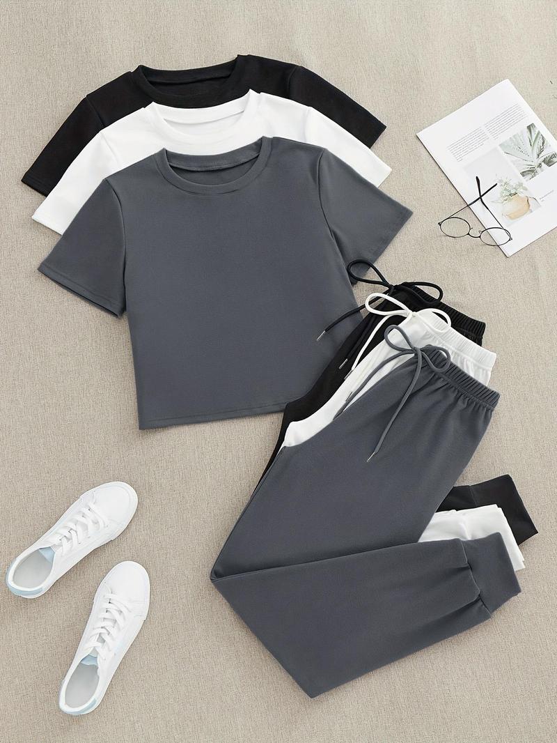 Product Introduction of 6 Pieces Women's Solid Round Neck Tee & Tie Front Elastic Waist Pants Loungewear Set, Casual Comfy Short Sleeve T-shirt & Trousers Pj Set, Lounge Set for Women,  Ladies Summer Sleepwear, Co Ords 5