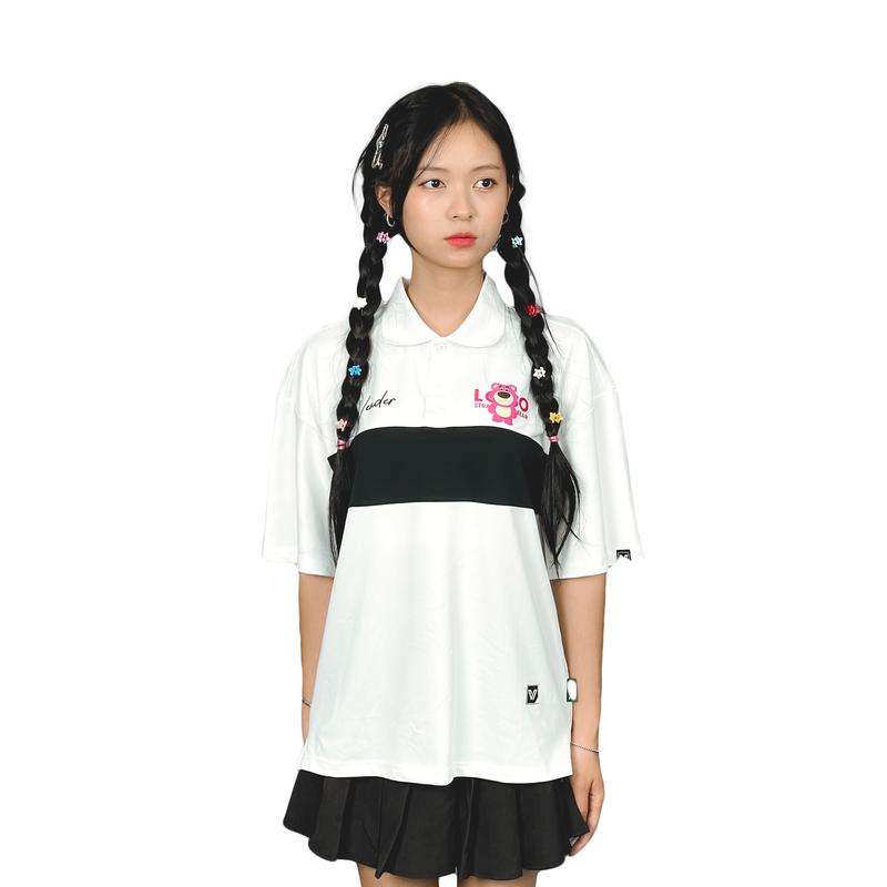 Áo polo  Ngắn Tay  phối sọc họa tiết gấu dâu Tay Ngắn (PL14) Menswear Top Có Cổ Áo Thun 4