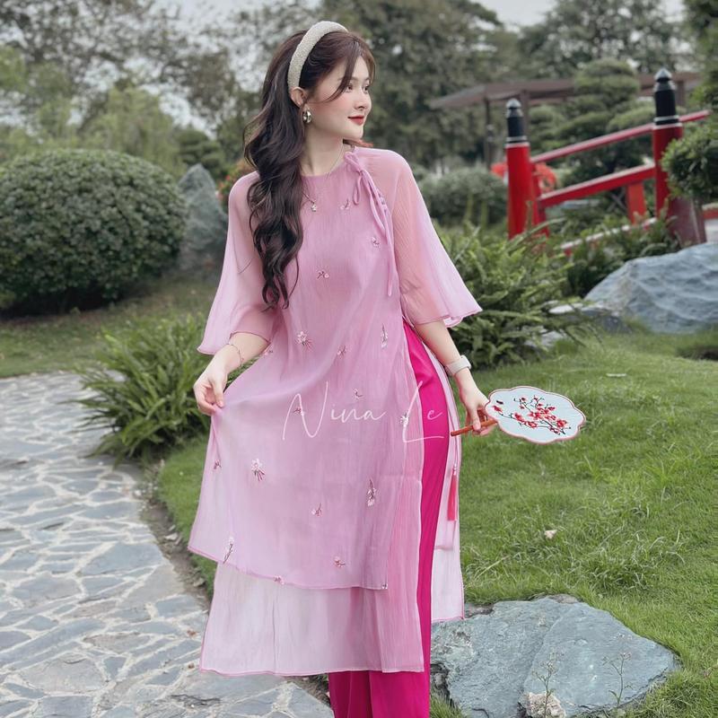 NV Store 556 Set Áo Dài Cách Tân Thêu Hoa Nhí Ba Lớp Vải Voan Có Lớp Lót Lụa Nữ Women Dress Hồng