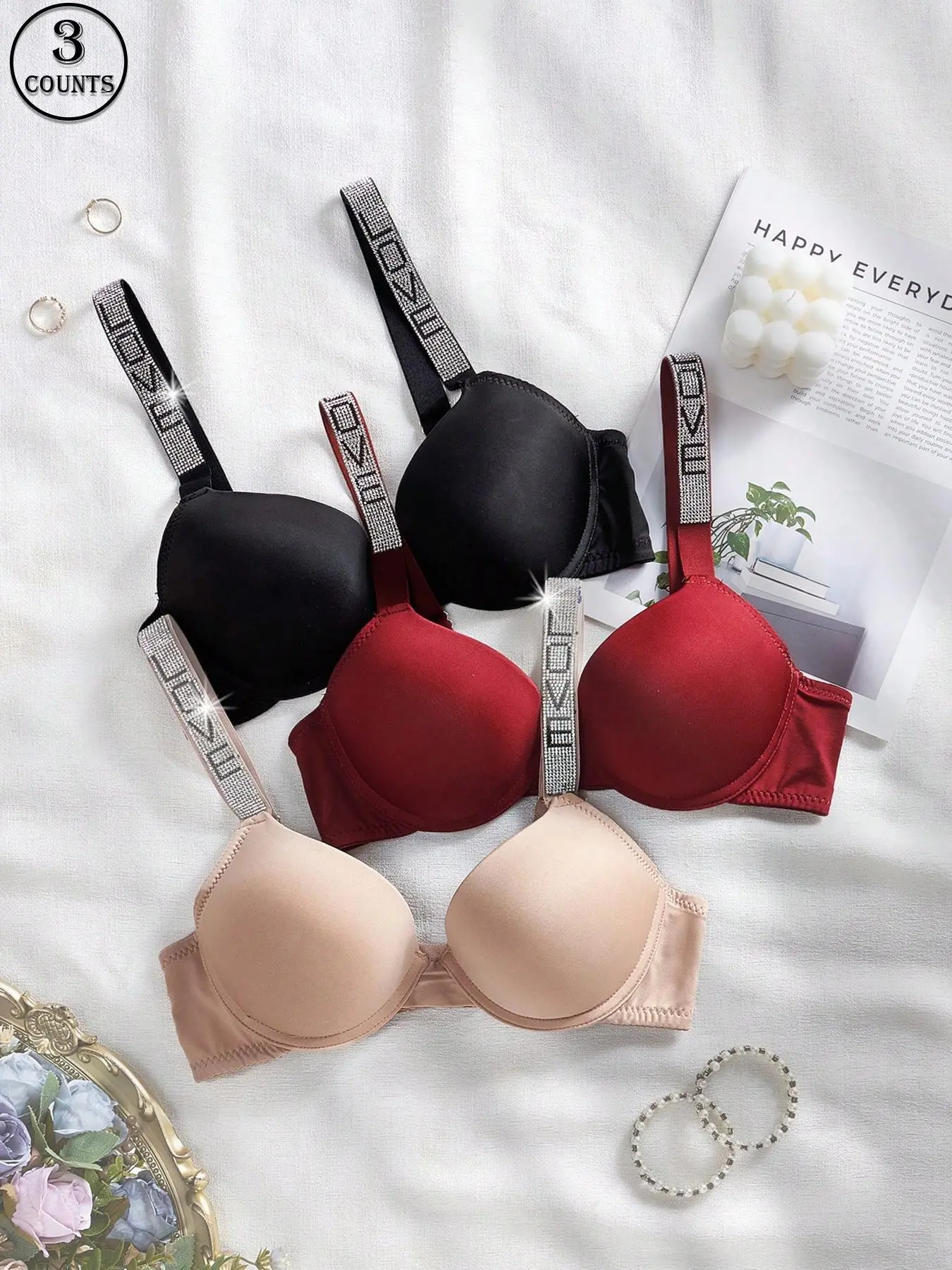Women's Letter Print Rhinestone Decor Underwire Bra, Soft Comfortable Breathable Push Up Bra, Lingerie for All Seasons Valentine's Day, gift