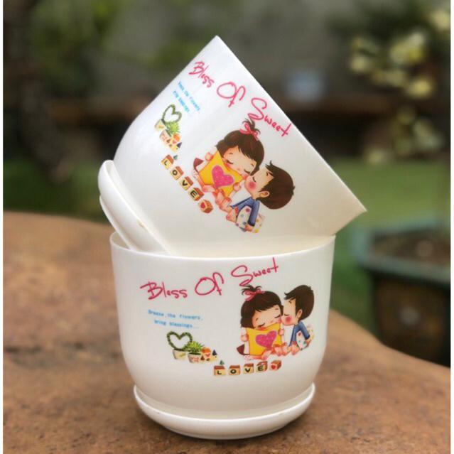 Chậu nhựa Giả Sứ Liền đĩa in hoạ tiết cao cấp đk 14-22cm