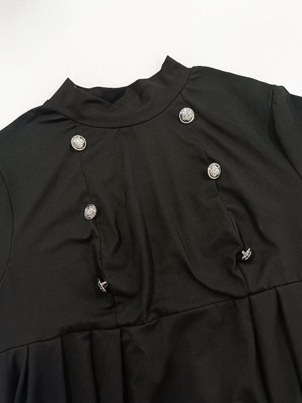 【Plus Size】 Solid Button High Low Hem Mock Neck Blouse, Casual Long Sleeve Top for Fall & Winter, Women's Clothes for Daily Wear 5