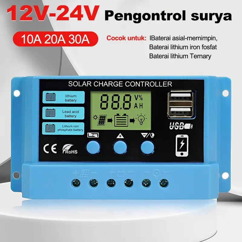 Pengontrol Pengisi Daya Surya Tampilan LED LCD PWM Surya 12V/24V 10A 20A 30A Panel USB Pengisi Daya Surya 3