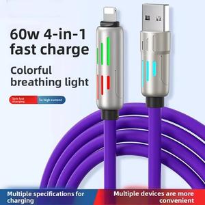 สายชาร์จเร็ว 4 in 1 วัสดุซิลิโคน พร้อมไฟ LED สีสันสดใส กำลังชาร์จมือถือ 240W 6A Type C PD 27W สายชาร์จ กล้อง ดิจิตอล wireless charger ชุดถนอมสายชาร์จ