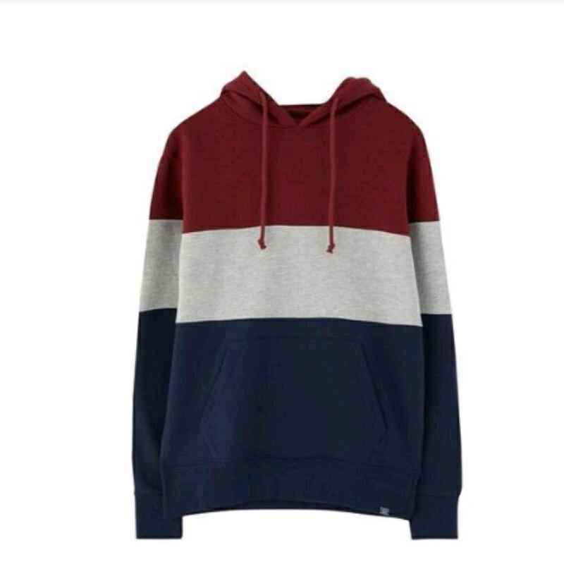 jaket hoodie kombinasi 3 warna Abu Biru Merah Fleece Tebal Pria varsity sweater hoodie cowok hodi 4
