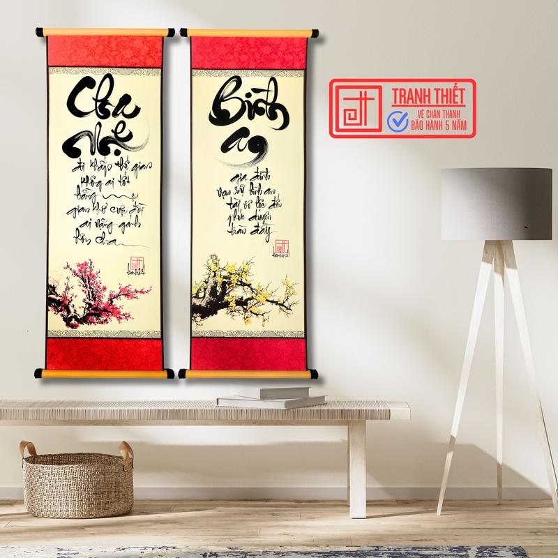 Bộ 2 tranh thư pháp viết tay Cha mẹ Bình an, Giấy bo vải lụa cao cấp, Treo tường trang trí đẹp 1