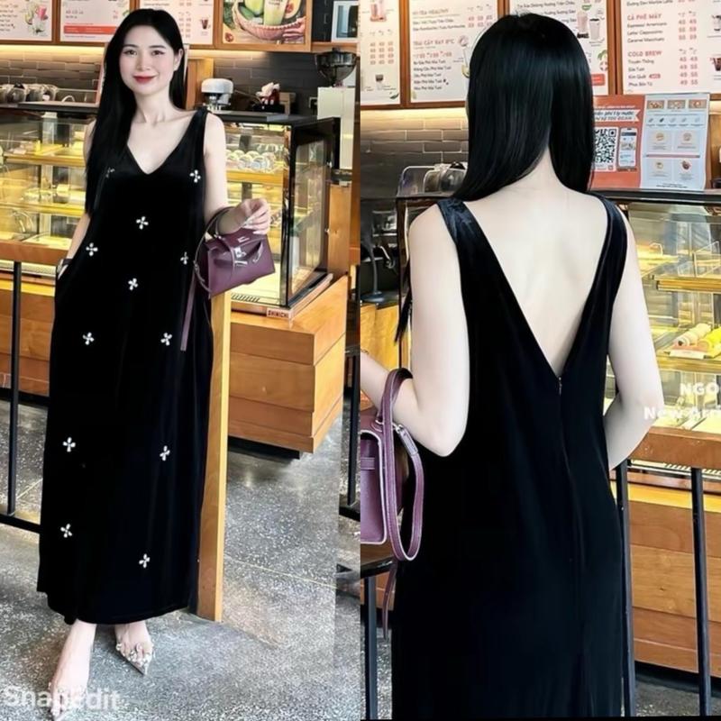 Váy nhung Khâu đá cổ V (trần hồng store)