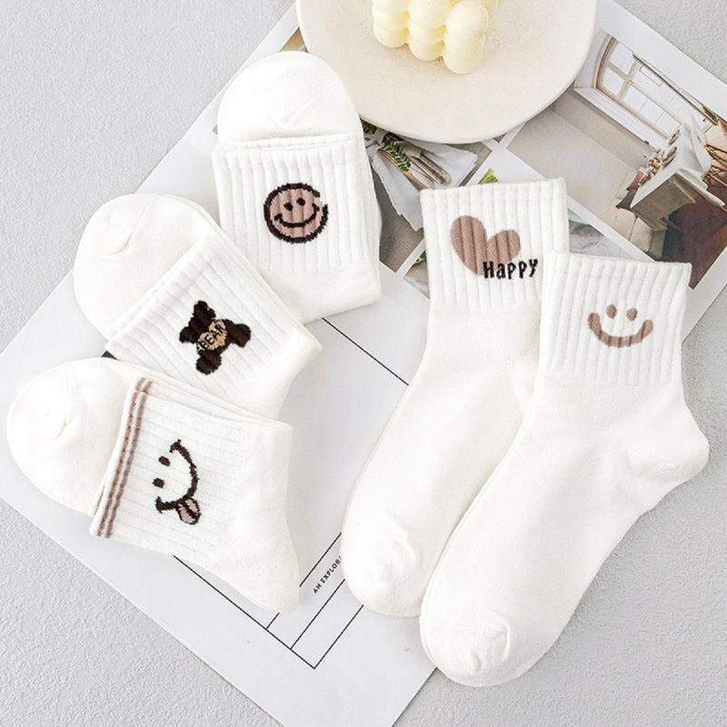 Tất nữ set 10 đôi trắng họa tiết dễ thương, tất vớ chất liệu cotton co dãn thoáng khí   Women