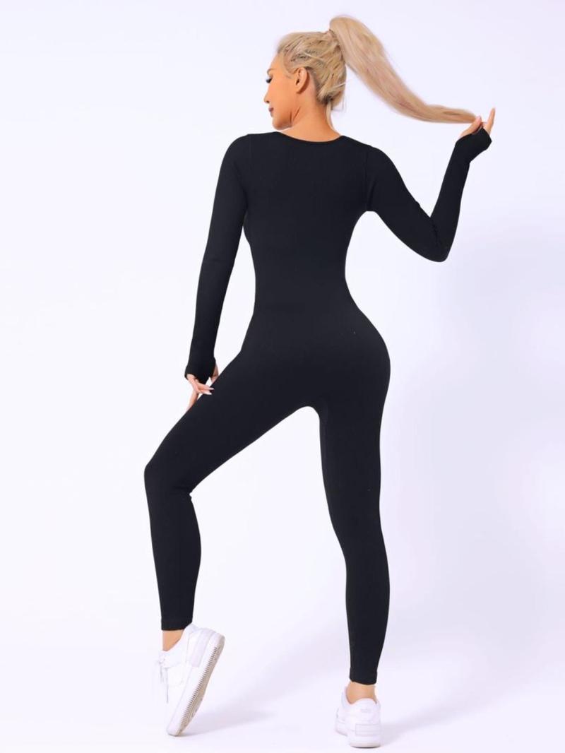 Product Introduction of Women's Solid Square Neck Long Sleeve Jumpsuit, High Stretch Seamless Bodycon Shapewear Clothes for Tummy Control Butt Lifting, Body Shaper 12