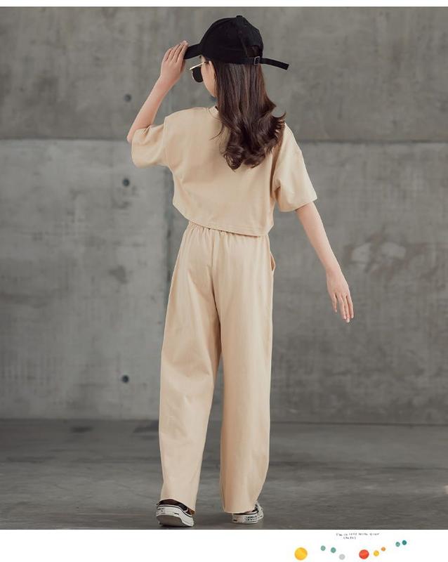 Product Introduction of Bab ตู้เสื้อผ้าเด็กชุดเด็กผู้หญิง 2023 ฤดูร้อนใหม่เด็กขนาดกลางและใหญ่สไตล์ตะวันตกแฟชั่นเด็กตัดแขนสั้นด้านบนกางเกงขากว้างชุดสองชิ้น 15