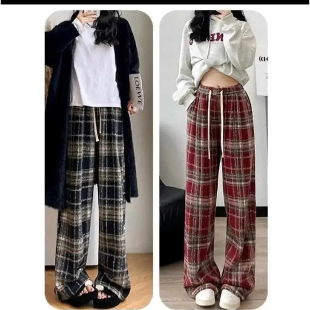 Quần dạ kẻ suông có lớp lông bên ngoài , cạp chun túi trước , 3 màu đen , đỏ , xanh dễ phối đồ mùa đông