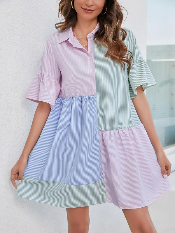 Women's Colorblock Striped Print Button Front Shirt Dress, Summer Clothes, Casual Flounce Sleeve Collared Short Dress for Summer, Ladies Clothes for Daily Wear 5