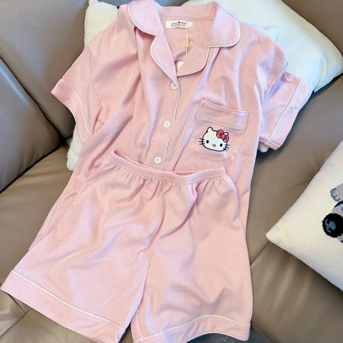 Bộ Đồ Ngủ Trẻ Em, Cô Gái Mèo Kitty Nhật Bản, Áo Cardigan Mỏng Ngắn Tay Mùa Hè, Thích Hợp Cho Trẻ Em, Đồ Mặc Nhà, Quần Áo Điều Hòa Không Khí, Có Thể Mặc Ngoài Trời