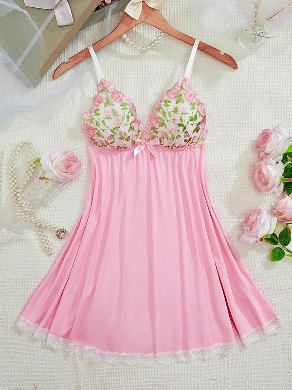 Women's Floral Embroidery Contrast Lace Bow Decor Cami Nightdress, Elegant Backless Spaghetti Strap Nightgown for All Seasons, Fashion Ladies Sleepwear for Daily Wear 0