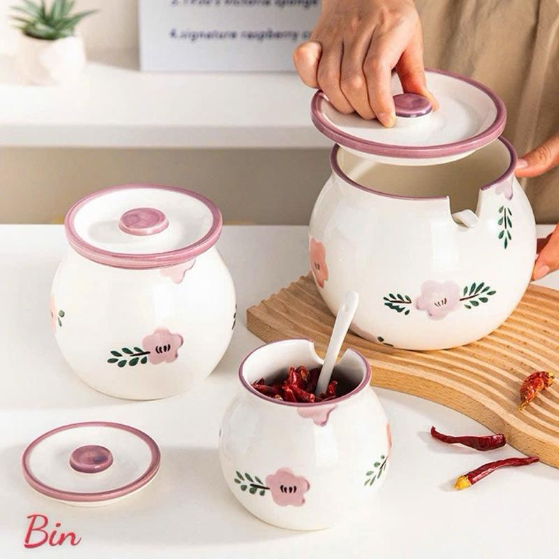 HŨ GỐM SỨ ĐỰNG MỠ HÌNH HOA, ĐỰNG GIA VỊ, CÓ NẮP + THÌA, CHỊU NHIỆT CAO, HỌA TIẾT HOA VĂN ĐẸP 700-1400ml 6