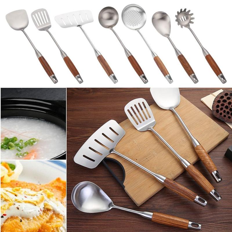 Product Introduction of Cookware 304 Staniless Steel Kitchen Utensils Long Wooden Handle Spatula Spoon Cooking Equpment Frying Shovel Thickened Cooking Tool Sets 16