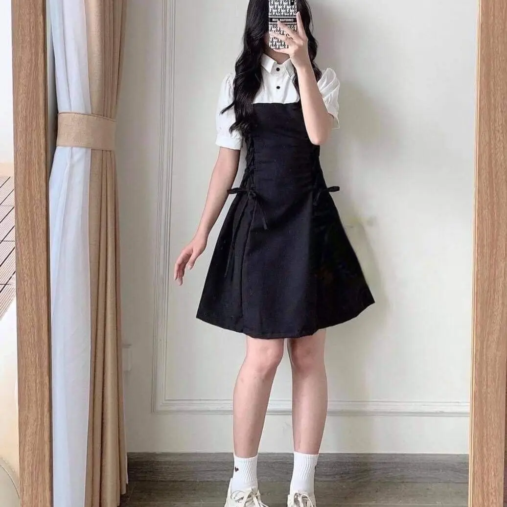 Chữ A Cổ Sơ Mi Học Sinh Tay Phồng Xếp Ly Kèm Dây Đan Eo Dress Nữ