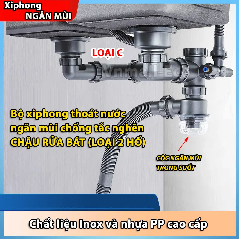 Bộ xiphong thoát nước chậu rửa bát loại hai hố có cốc ngăn mùi hôi chống trào ngược loại ống to chịu nhiệt tốt