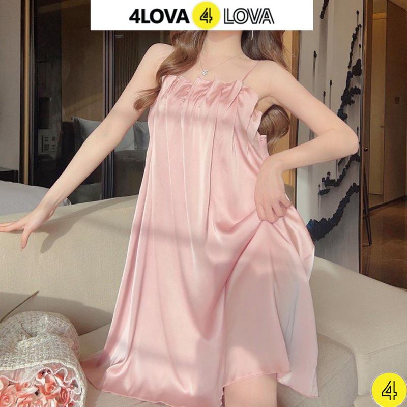 Váy Ngủ 2 Dây Lụa Pháp 4LOVA Dáng Suông Xếp Ly Ngực Dễ Thương, Sang Trọng Đầm Ngủ Nữ   Dress Women