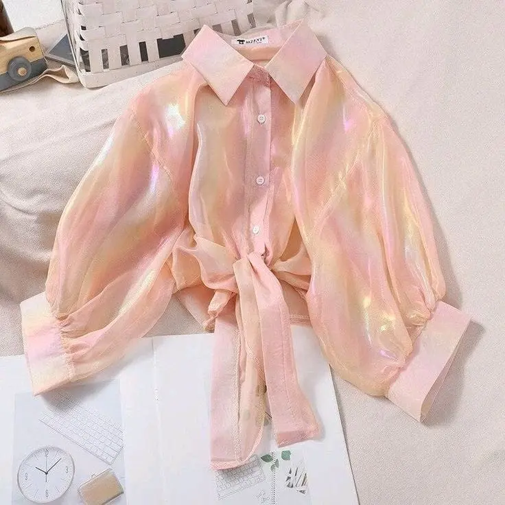 Aesthetich colourful simmer kemeja crop top // model baju ala korea Silk 7