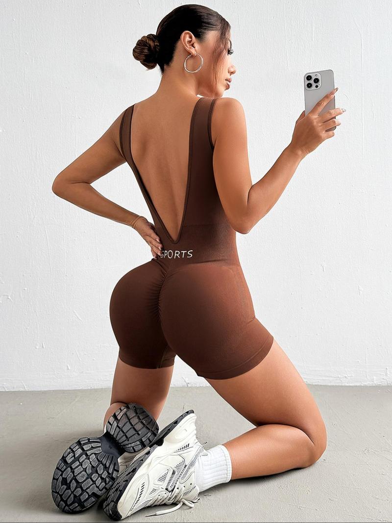 Product Introduction of Women's Letter Print U Neck Sports Romper, Casual Sporty Sleeveless Skinny Romper for Yoga Gym Workout, Ladies Sportswear for All Seasons 8
